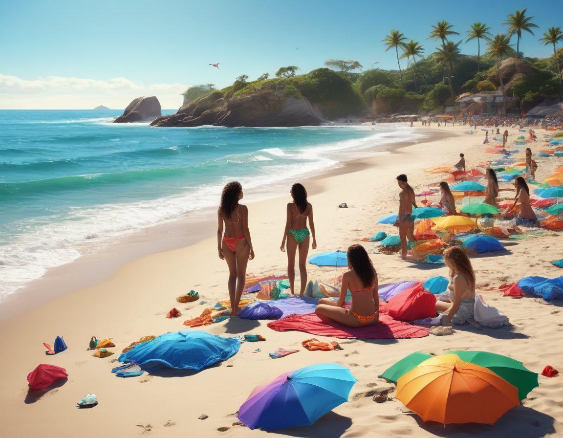 A vibrant seaside scene depicting a diverse group of people wearing stylish, eco-friendly beachwear made from recycled materials. Include colorful beach umbrellas, gentle waves lapping at the shore, and marine life like dolphins playing in the background. Show eco-awareness elements like reusable bags and litter being picked up. Bright and cheerful atmosphere. super-realistic. vibrant colors. 3D.